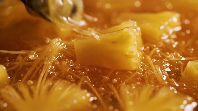Close up of pineapple chunks simmering in a sweet syrup.