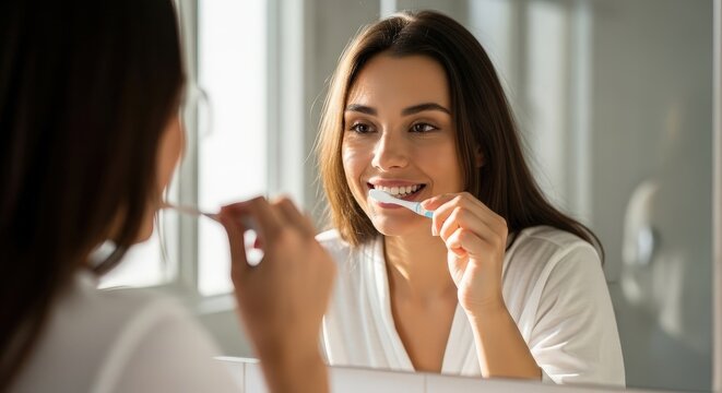 Morning Routine: Close-Up of Woman Brushing Teeth in Front of Mirror, Fresh Daily Hygiene Concept
