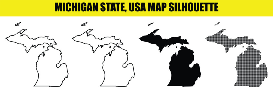 Michigan state usa map silhouette set showing upper and lower peninsulas in outline solid and dotted vector configurations