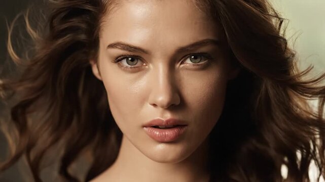 Beautiful Woman with Long Wavy Brown Hair Portrait.