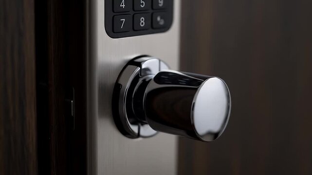 Brushed Nickel Smart Digital Door Knob Lock on Dark Wooden Entry Door