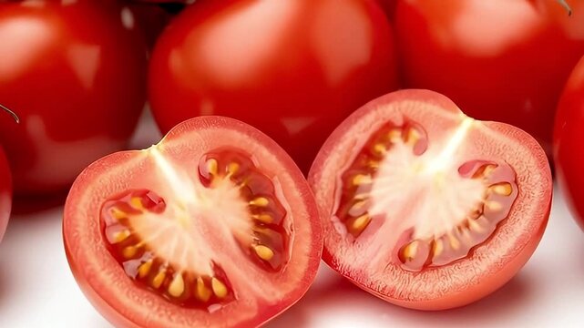 This vibrant close-up video showcases a pile of ripe, red tomatoes, some still attached to their fresh green vines, alongside several neatly cut halves revealing their juicy, seeded interiors. The ric