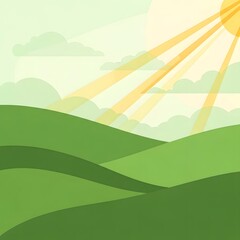 Obraz premium Sunrise over green hills with golden rays landscape nature scenery background