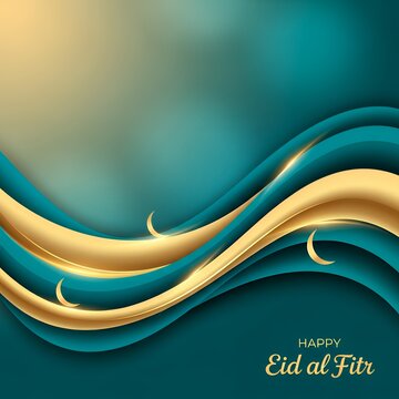 Happy Eid al Fitr Wavy Abstract Background with Gold and Teal Design
