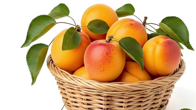 This vibrant studio shot features a meticulously arranged wicker basket overflowing with fresh, ripe apricots. Each plump fruit boasts a beautiful gradient of sun-kissed orange and delicate reddish bl