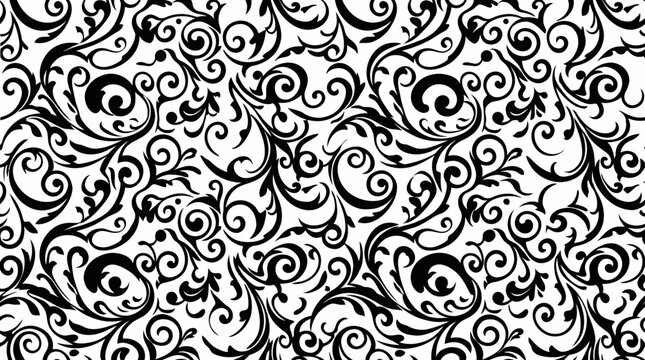 Intricate black and white floral pattern with swirling motifs.