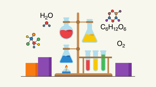 Laboratory equipment and chemical compounds illustration.