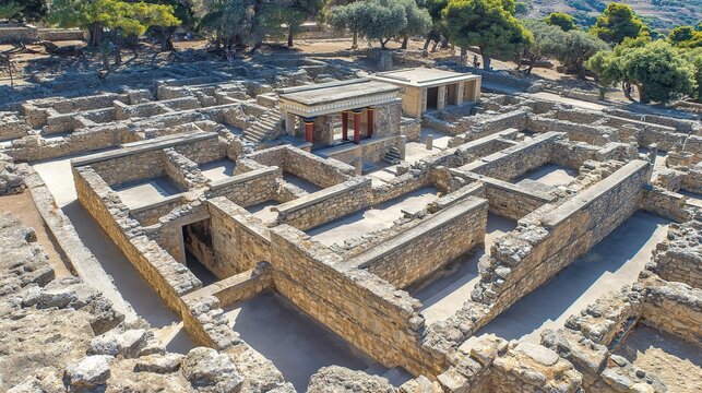 knossos. Aerial view of Knossos palace ruins, labyrinthine stone foundations. travel magazines, destination branding, designed for travel destination branding and outdoor magazines and nature guides.