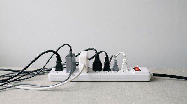 White power strip overloaded with multiple plugs and red switch turned on, symbolizing electrical safety hazard, fire risk, and importance of proper device management