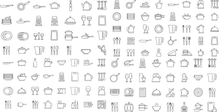 vector set of kitchenware and cooking utensil line art icons isolated