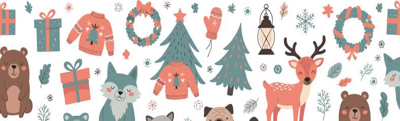 Fototapeta premium Cute Christmas winter elements collection with animals gifts sweaters wreaths and trees festive holiday cartoon vector illustration set