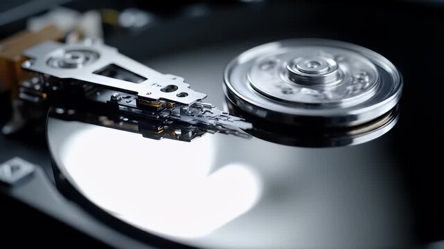 Macro Closeup of Hard Disk Drive Read Write Arm and Spindle Platter