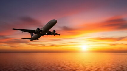 Airplane flying over sunset ocean