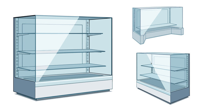 Three perspective views of empty glass display cases or refrigerated shelving units for a retail store or supermarket.