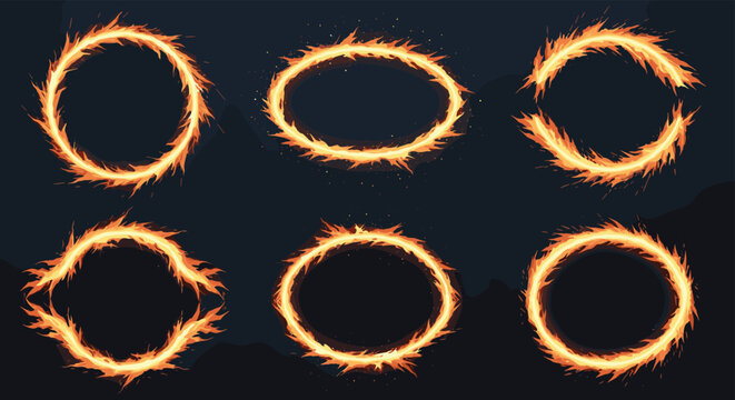 Collection of various circular and oval fire frame elements with realistic flame effects isolated on a dark background.