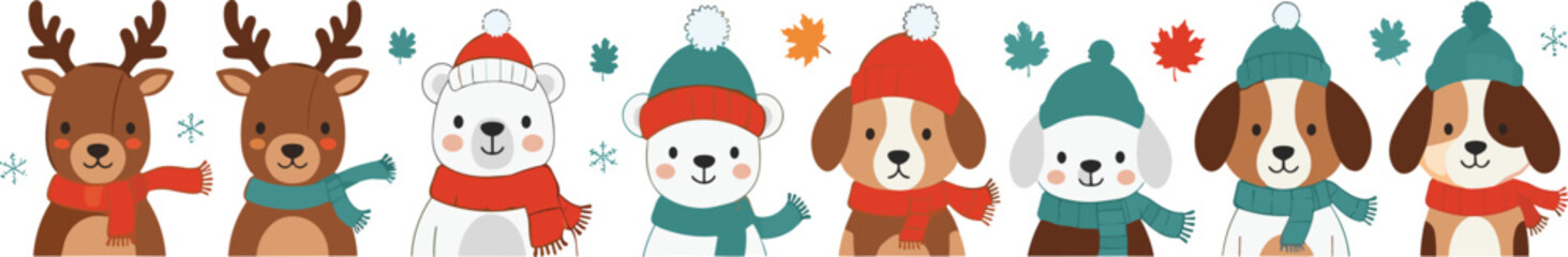 Cute winter animals wearing hats and scarves cartoon vector set with reindeer bear and dogs festive holiday characters © MdMojnu