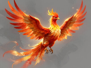 Fototapeta premium Flying phoenix bird showing its colorful feathers and wings 