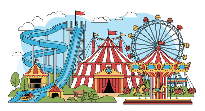 Colorful amusement park or fairground featuring a circus tent, ferris wheel, carousel, and water slides under a blue sky.