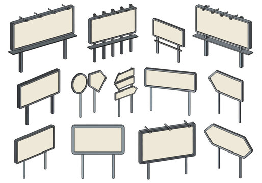 Collection of various blank billboards displayed on stands from multiple viewpoints