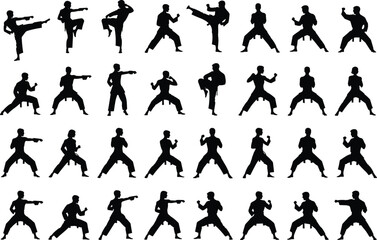 Collection of martial arts fighter silhouettes in dynamic karate kung fu poses including kicks punches stances and combat actions, black vector set on white background © Rabbi's World