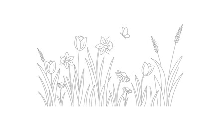 Simple Line Drawing of Various Flowers.