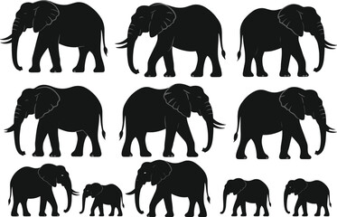 Elephant family silhouettes collection, majestic African elephants with calves in various standing and walking poses, black vector set for wildlife, safari, zoo and nature design projects © Rabbi's World