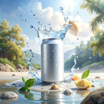 A refreshing summer scene featuring a silver can with water splashing out, surrounded by citrus fruits and leaves on a sandy beach