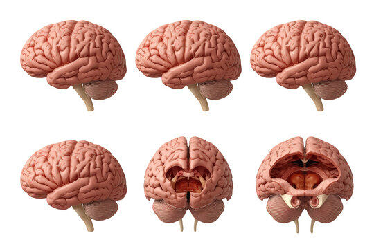 Human brain anatomy views, including sagittal and coronal sections, representing mind, intelligence, and neurological concepts on transparent background