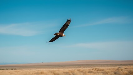 raptor. Single eagle soaring across a vast blue sky over endless grassland. wildlife magazines, conservation campaigns, designed for wildlife conservation campaigns, used by e-commerce operators.