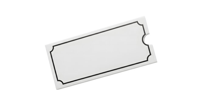 A blank white ticket on a transparent background with a black outline