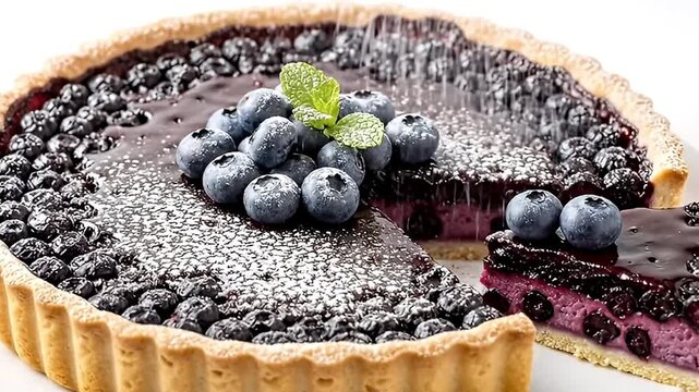 A beautifully prepared blueberry tart, featuring a golden, flaky crust and a rich, vibrant purple berry filling, is elegantly showcased on a pristine white plate. A generous slice has already been rem