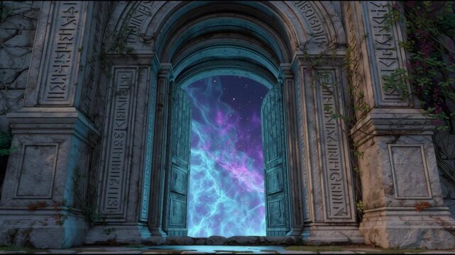 Ancient doorway stone arch magic portal glowing energy in fantasy landscape mystical ruin and old temple under night sky with neon light cosmic scene and glowing nebula light over alien sky