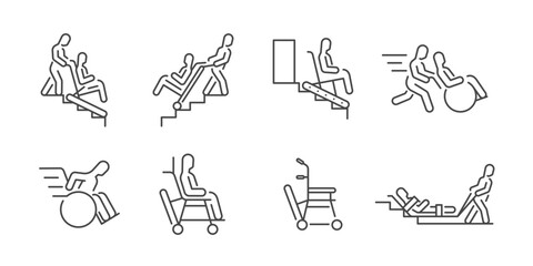 Naklejka premium Evacuation icon set. It includes evacuation chair, emergency, escape,&nbsp;disability, and more icons. Editable Vector Stroke.