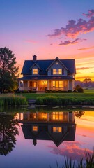Fototapeta premium A serene house by a lake during sunset with warm glowing lights