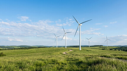 Wind Turbines in Green Field Under Clear Sky