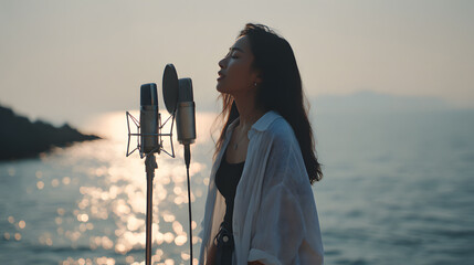Harmonious Echo: Capturing a singer's performance with microphone, the ocean sunset paints a canvas of tranquility and creative inspiration.