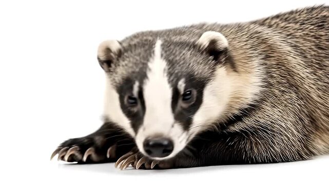 A captivating close-up captures a wild badger resting calmly on a pristine white studio background, showcasing its distinct gray and white fur patterns and formidable claws. The animal maintains an al