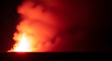 Bright orange fireworks explosion in dark night sky with smoke
