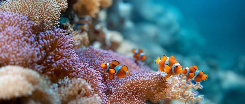 Nemo clown fish in the anemone on the colorful healthy coral reef. Anemonefish nemo couple swimming underwater. Scuba diving coral reef scene with nemo and anemone. fish