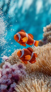 Nemo clown fish in the anemone on the colorful healthy coral reef. Anemonefish nemo couple swimming underwater. Scuba diving coral reef scene with nemo and anemone. fish