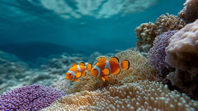 Nemo clown fish in the anemone on the colorful healthy coral reef. Anemonefish nemo couple swimming underwater. Scuba diving coral reef scene with nemo and anemone. fish