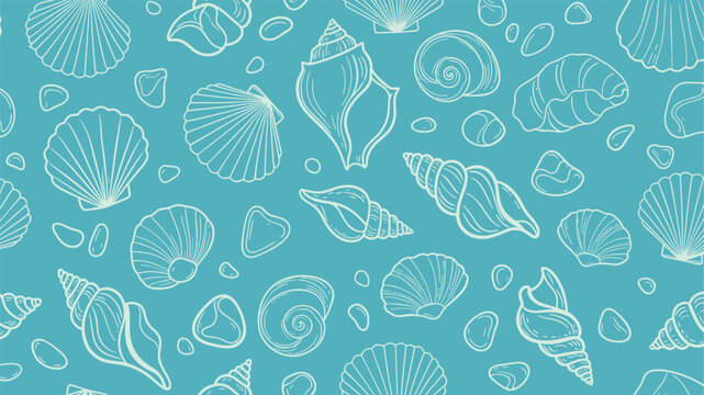 Coastal design featuring white hand drawn outlines of diverse sea shells and beach stones on a teal blue background for nautical decorations.