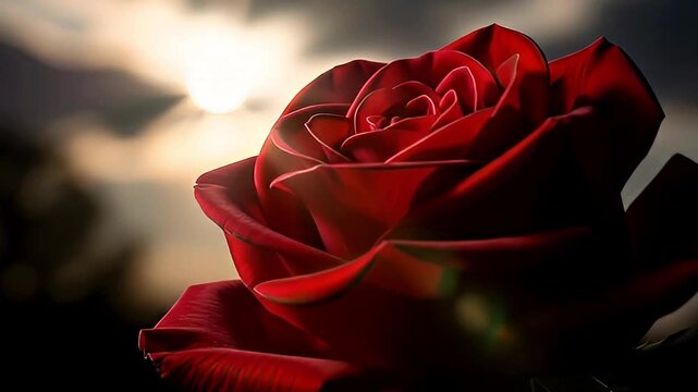 A captivating close-up of a stunning red rose, beautifully rendered against a dramatic, soft-focus background of a sun or moon glowing through atmospheric clouds. The rose's deep red petals are partia
