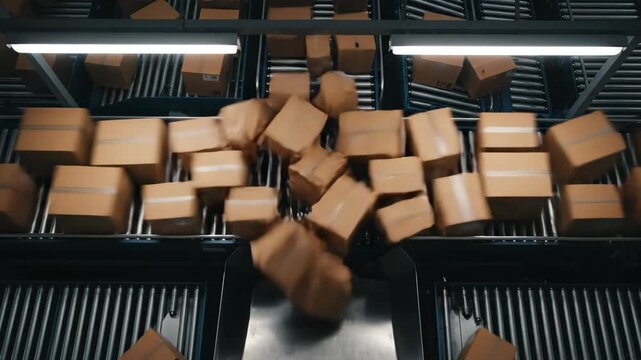 Packages Moving on Conveyor System in Industrial Facility