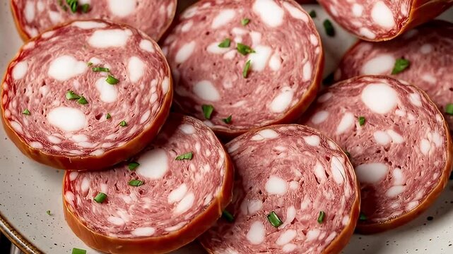 A captivating close-up presents an array of expertly sliced cured meat, possibly a type of gourmet sausage or salami, elegantly arranged on a rustic ceramic plate. Each circular piece showcases a rich