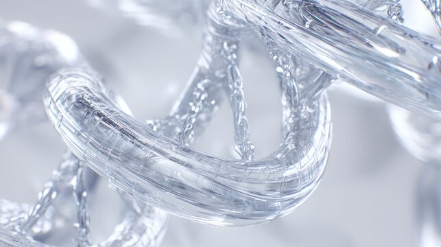 Abstract dna helix structure in shades of silver and white on a light background