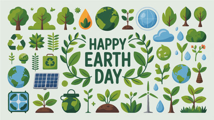 Happy earth day eco friendly illustrations of plants trees and globe on green background