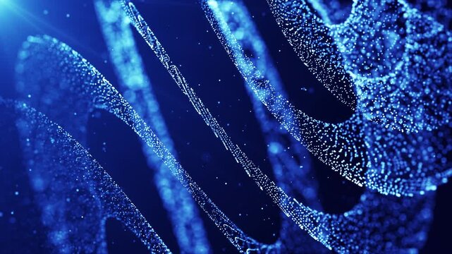 Abstract Blue Particle Wave Data Flow Background with Digital Network Lines, Big Data Technology Visualization, Futuristic AI Science and DNA Structure Concept. Animation 4K. 3D rendering