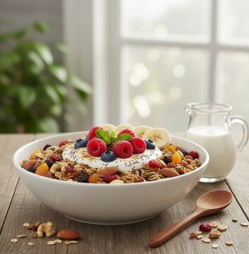 A healthy breakfast bowl of oat muesli topped with yogurt, fresh fruits, and seeds, served with milk on the side, creating a clean and nutritious morning meal presentation