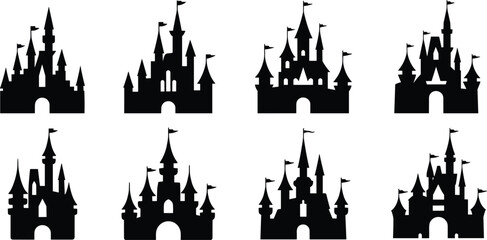 Fantasy castle silhouettes vector illustration, fairy tale fortress artwork with towers, turrets, spires, flags, medieval architecture design © Mst